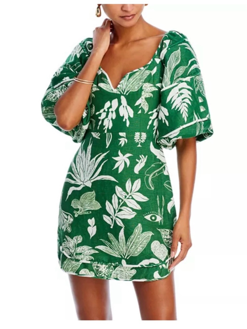 FARM Rio Emerald Green and White Botanical Puff-Sleeve Mini Dress